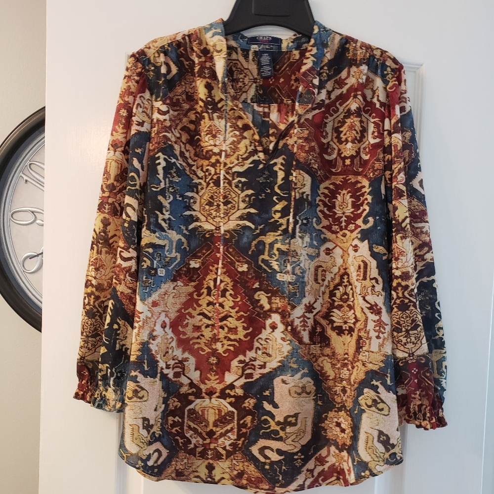 Chaps Pull Over Patchwork Look Blouse With Tie. L - image 1